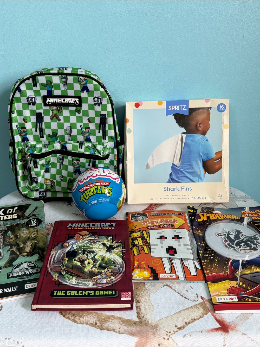 Minecraft backpack, books, flippers, toys